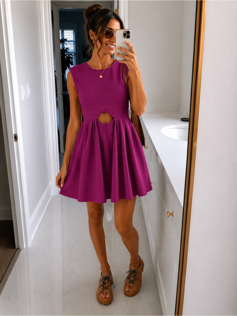 BONGO Sleeveless Mini Dress with Front Cutout in Magenta
